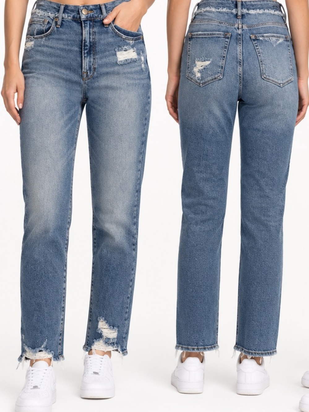 Good American Straight Under Waist Fray Distressed Jeans 14/32 Blue